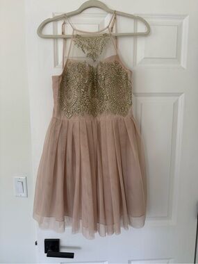 B Darlin Blush Pink Tulle Dress with Gold Beaded Bodice
